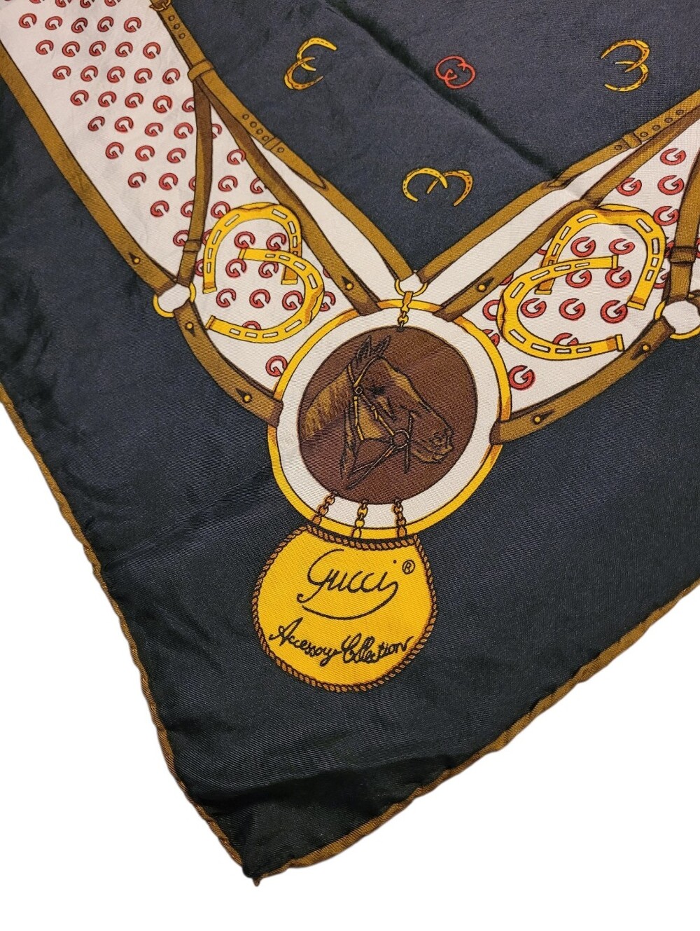 Vintage Gucci 100% Pure Silk Scarf Equestrian GG Logo Horse Head Medallions